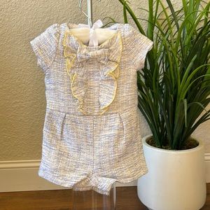 Janie and Jack Blue, Cream & Yellow Tweed Lined Ruffled Romper 6 to 12 month